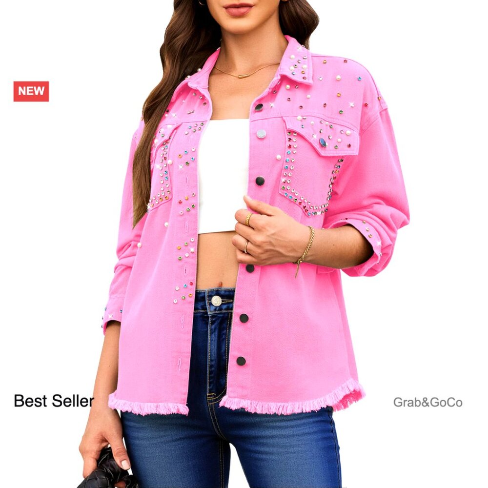 Oversized Denim Jacket Rhinestone Pearl Embellished Frayed Hem Y2k Chic